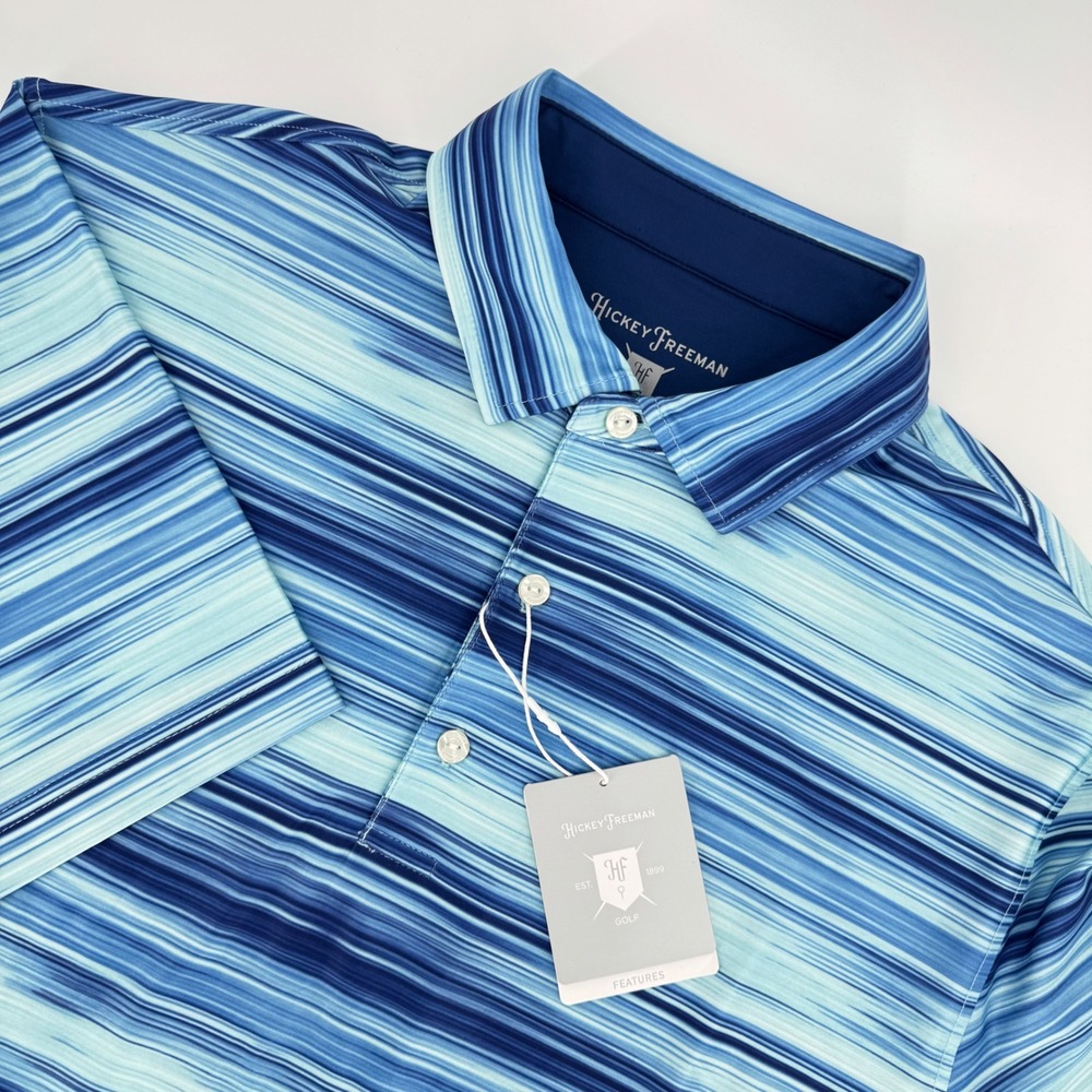 Hickey Freeman Golf Polo Shirt Mens Medium Blue Striped Short‎ Sleeve
